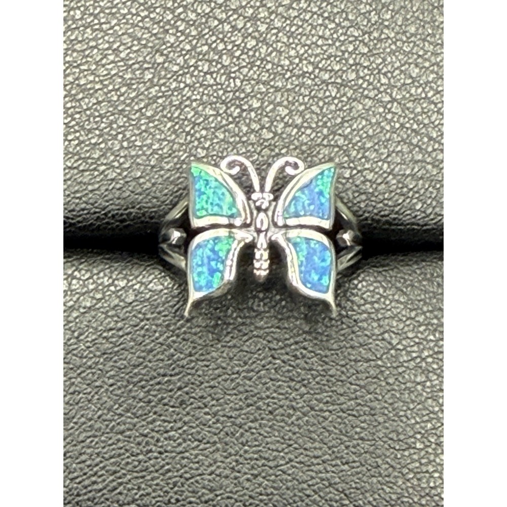 New Condition Sterling Silver Lab Blue Opal Butterfly Ring Size 7 J19